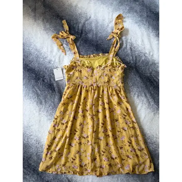 Fashion on Earth Gold Flower Tie Strap Ruffle Mini Summer Dress Size Small - NWT - Picture 2 of 8
